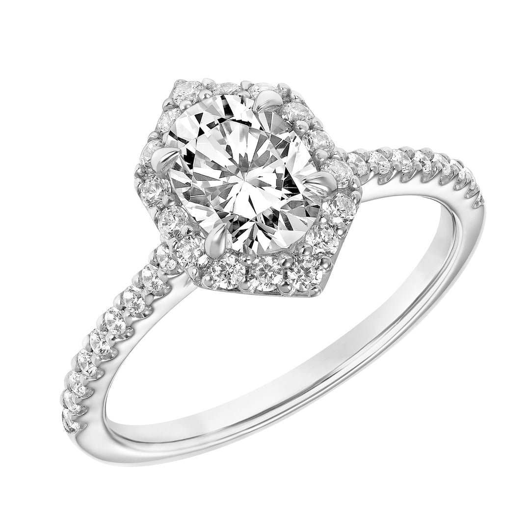 Contemporary Hexagon Halo Diamond Engagement Ring.  Center Stone is not included.