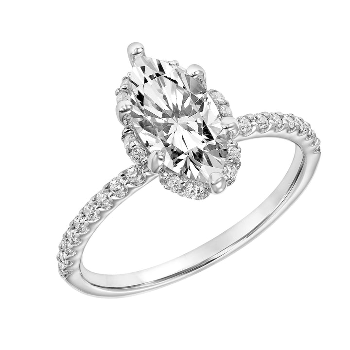 Classic Six Prong Setting Engagement Ring with Hidden Halo and Diamond Shank.  Center Stone is not included.