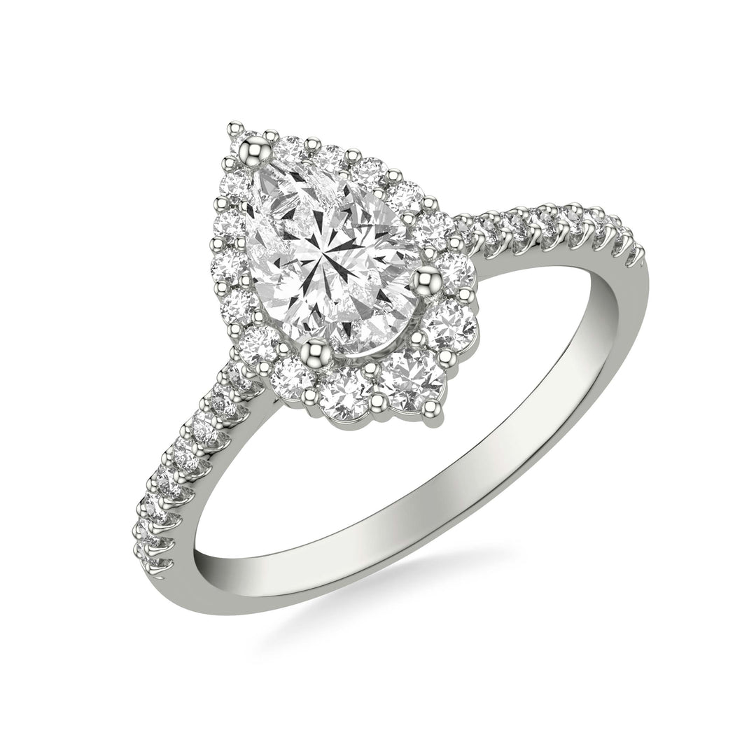 Classic Pear Diamond Halo Engagement Ring with Graduated Diamonds and Diamond Shank.  Center Stone is not included.