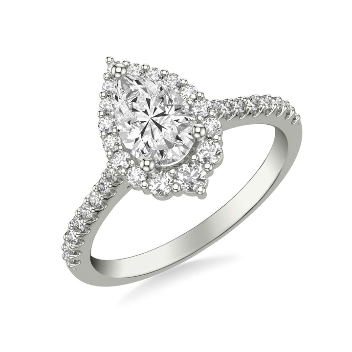 Classic Pear Diamond Halo Engagement Ring with Graduated Diamonds and Diamond Shank.  Center Stone is not included.