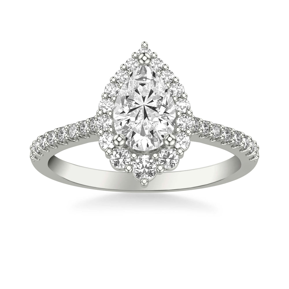 Classic Pear Diamond Halo Engagement Ring with Graduated Diamonds and Diamond Shank.  Center Stone is not included.