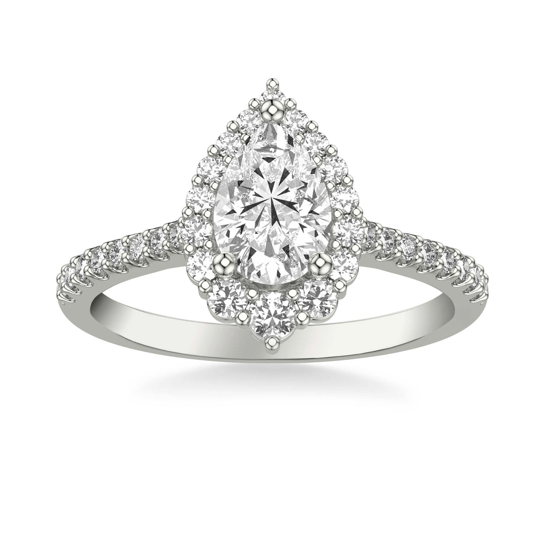 Classic Pear Diamond Halo Engagement Ring with Graduated Diamonds and Diamond Shank.  Center Stone is not included.