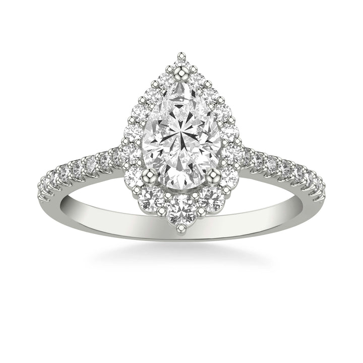 Classic Pear Diamond Halo Engagement Ring with Graduated Diamonds and Diamond Shank.  Center Stone is not included.
