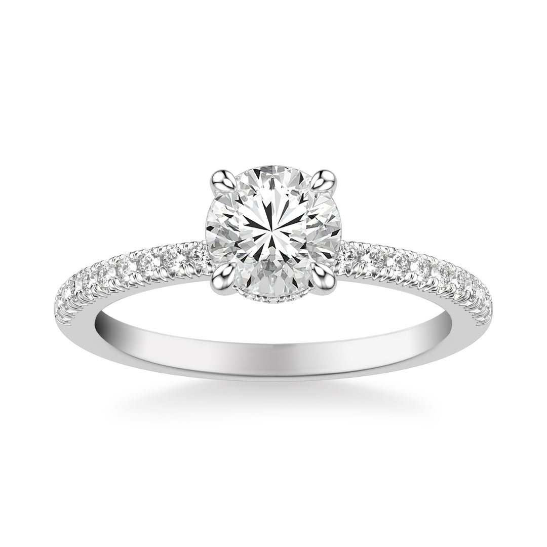 Classic Engagement Ring with Hidden Diamond Halo and Round French Pave Diamond Shank.  Center Stone is not included.
