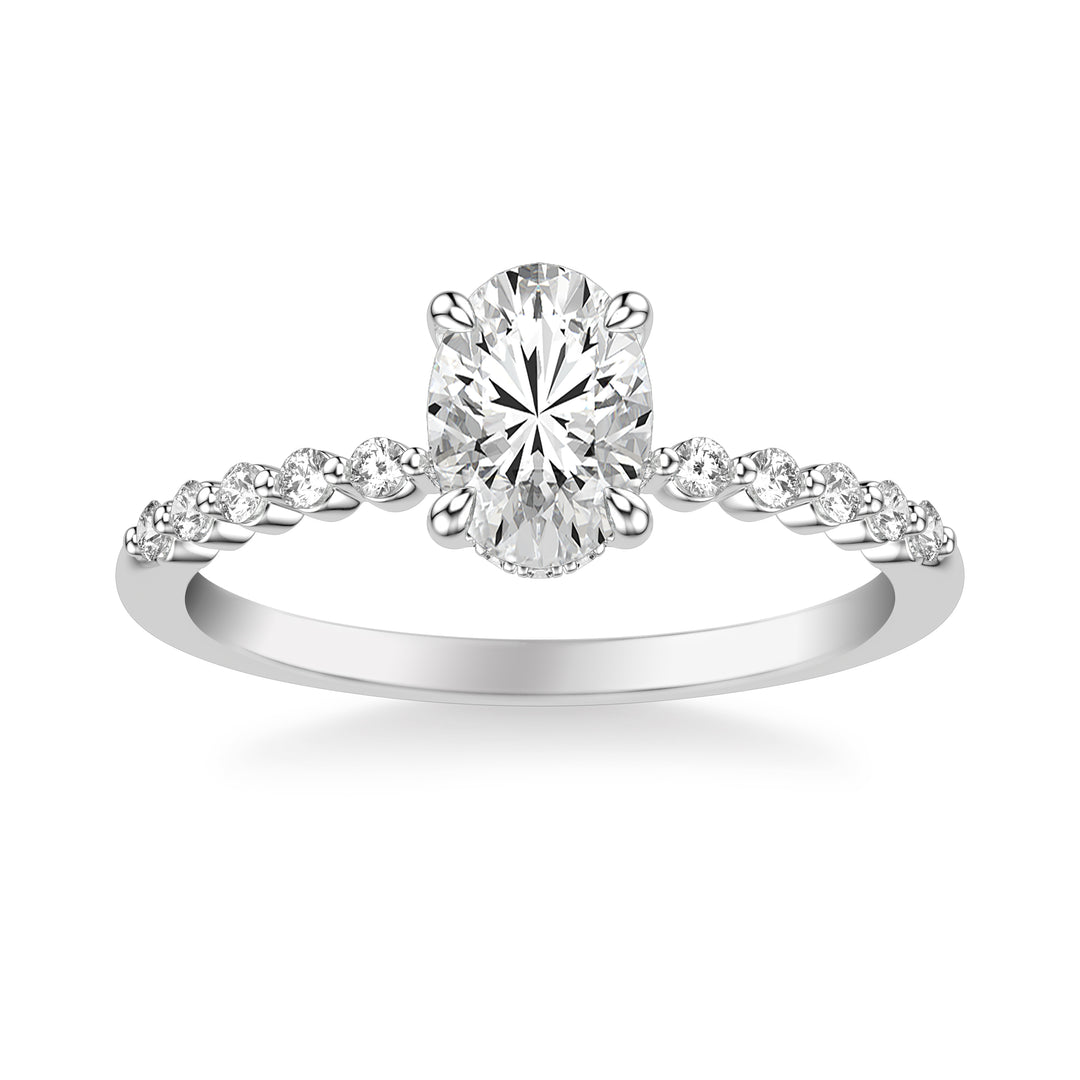 Classic Engagement Ring with Hidden Diamond Halo and Single Shared Prong Diamond Shank.  Center Stone is not included.