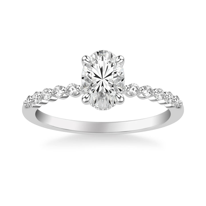 Classic Engagement Ring with Hidden Diamond Halo and Single Shared Prong Diamond Shank.  Center Stone is not included.