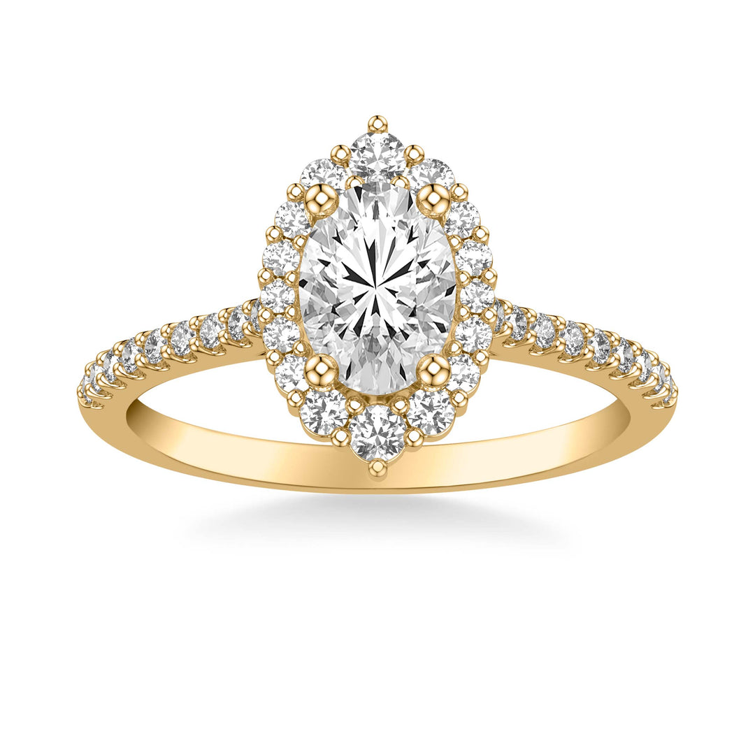 Classic Oval Diamond Halo Engagement Ring with Graduated Diamonds and  Diamond Shank.  Center Stone is not included.