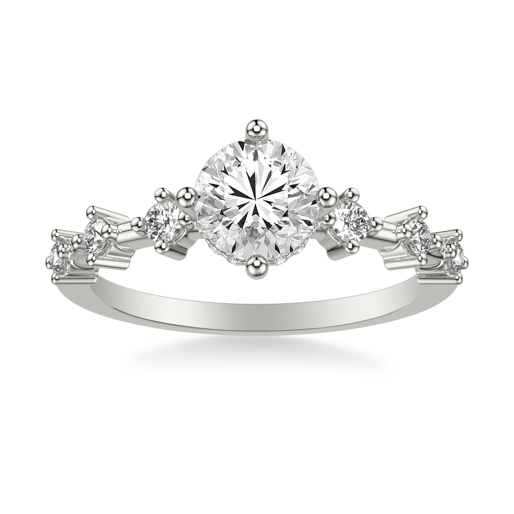 Contemporary Engagement Ring with Hidden Halo and Single Diamond Station Accented Band.  Center Stone is not included.