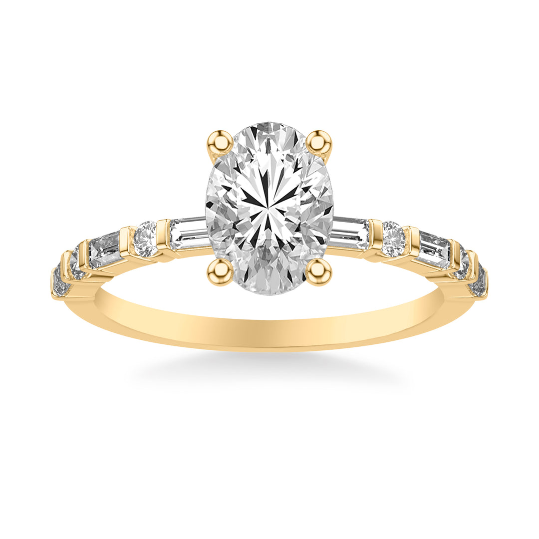 Contemporary Engagement Ring with Alternating Baguette and Round Diamond Shank.  Center Stone is not included.