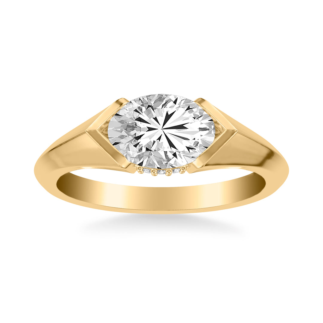 Contemporary East West Oval Engagement Ring with Hidden Halo and Knife Edge Polish Band .  Center Stone is not included.