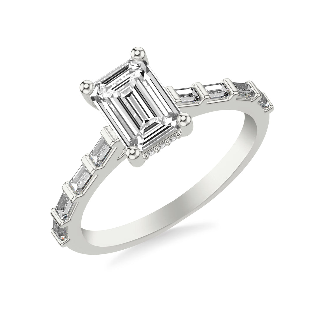 Contemporary Engagement Ring with Baguette Diamond Shank.  Center Stone is not included.