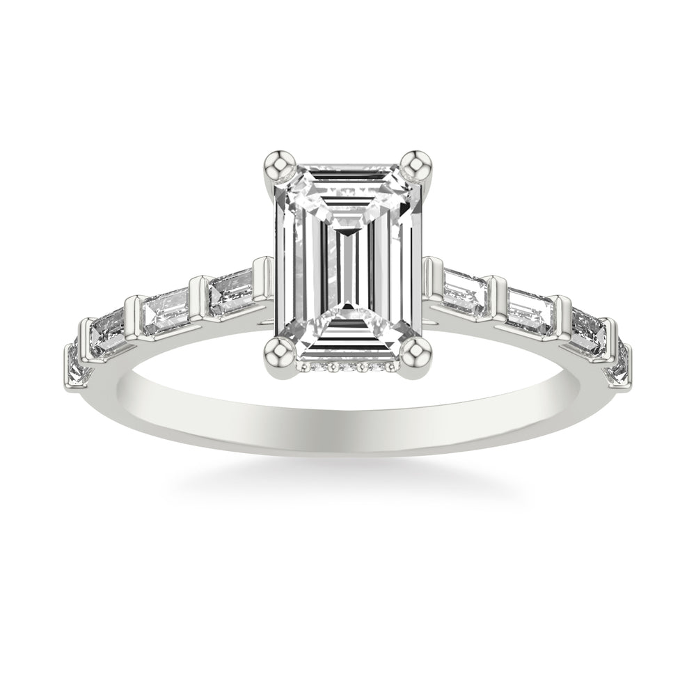 Contemporary Engagement Ring with Baguette Diamond Shank.  Center Stone is not included.