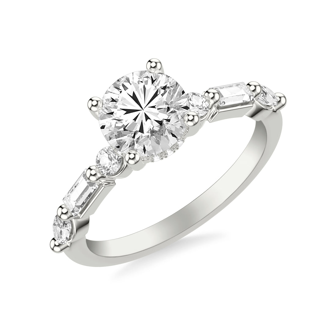 Contemporary Engagement Ring with Hidden Diamond Halo and Mixed Fancy Round and Baguette and Marquise Diamond Shank.  Center Stone is not included.