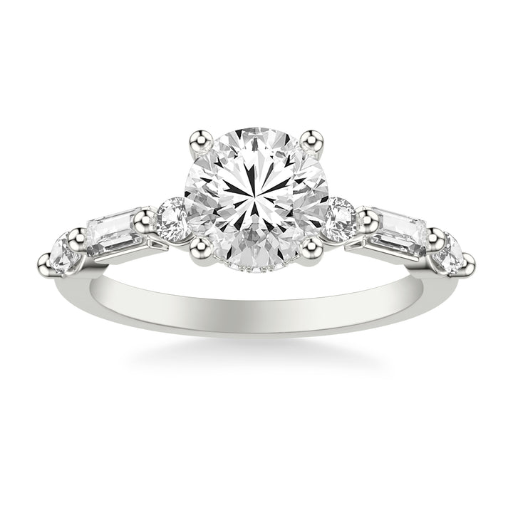 Contemporary Engagement Ring with Hidden Diamond Halo and Mixed Fancy Round and Baguette and Marquise Diamond Shank.  Center Stone is not included.