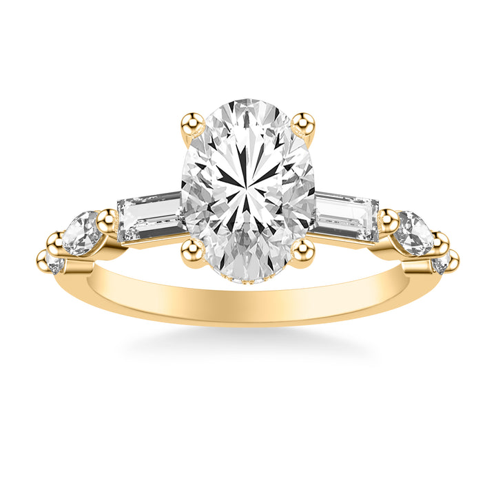 Contemporary Engagement Ring with Hidden Diamond Halo and Mixed Fancy Baguette and Marquise and Round Diamond Shank.  Center Stone is not included.