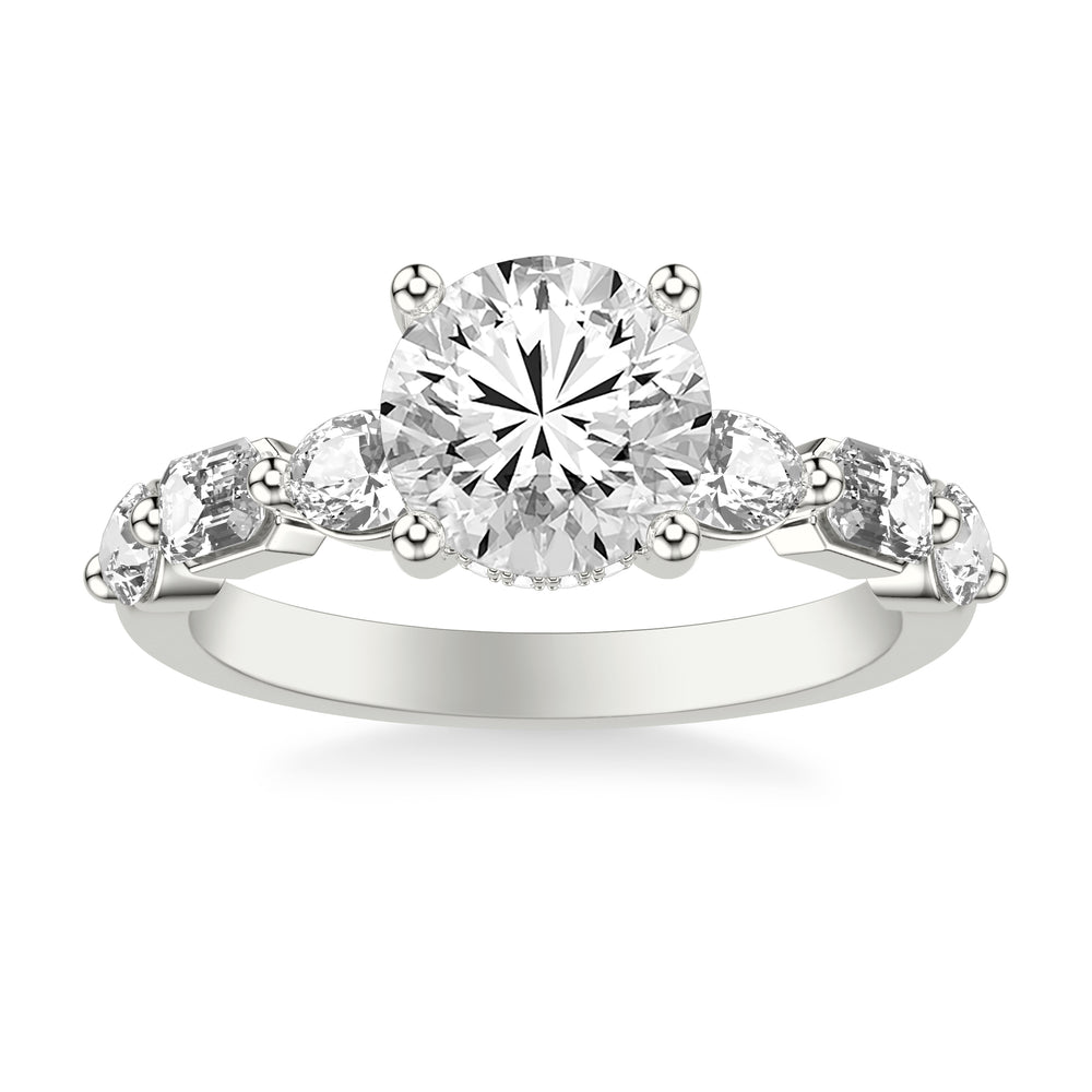 Contemporary Engagement Ring with Hidden Diamond Halo and Mixed Fancy Oval and Emerald and Pear Diamond Shank.  Center Stone is not included.