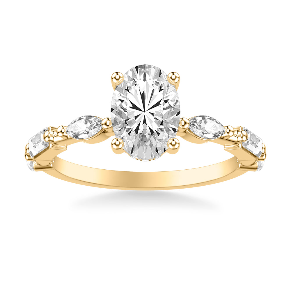 Contemporary Engagement Ring with Hidden Diamond Halo and Mixed Fancy Marquise and Baguette and Round Diamond Shank.  Center Stone is not included.
