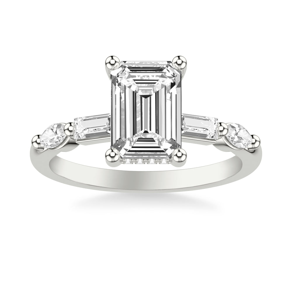 Contemporary Engagement Ring with Hidden Diamond Halo and Mixed Fancy Baguette and Marquise Diamond Shank.  Center Stone is not included.