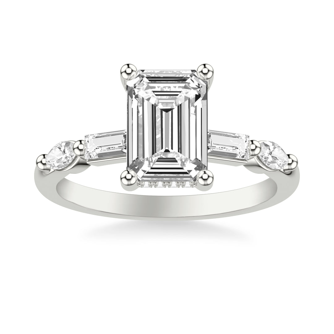 Contemporary Engagement Ring with Hidden Diamond Halo and Mixed Fancy Baguette and Marquise Diamond Shank.  Center Stone is not included.