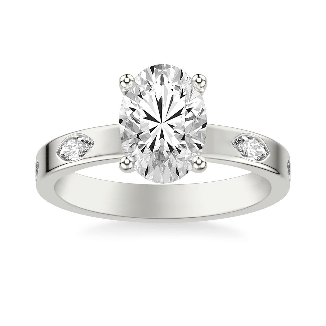 Contemporary Wide Band Engagement Ring with Bezel Set Distance Marquise Diamond Polished Shank.  Center Stone is not included.