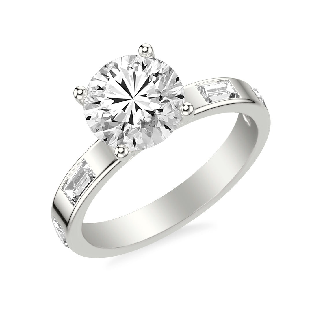 Contemporary Wide Band Engagement Ring with Bezel Set Distance Baguette East/West Diamond Polished Shank.  Center Stone is not included.