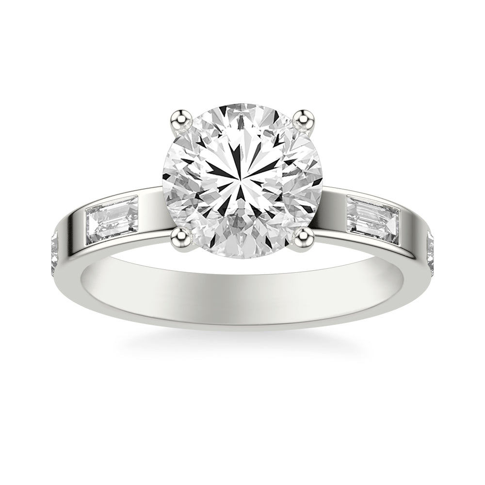 Contemporary Wide Band Engagement Ring with Bezel Set Distance Baguette East/West Diamond Polished Shank.  Center Stone is not included.