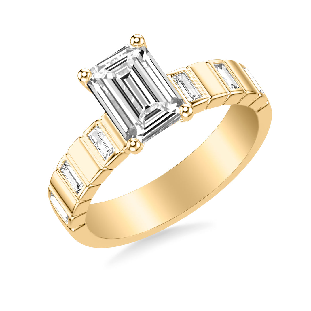 Contemporary Beveled Engagement Ring with Alternating Bezel Set North/South Baguette Diamonds and Polished Sections .  Center Stone is not included.