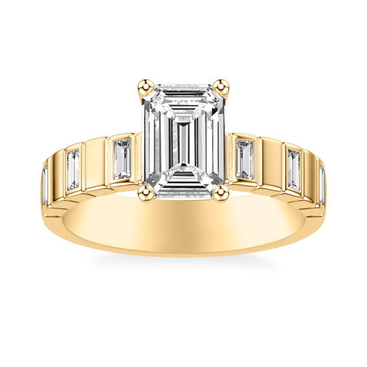 Contemporary Beveled Engagement Ring with Alternating Bezel Set North/South Baguette Diamonds and Polished Sections .  Center Stone is not included.