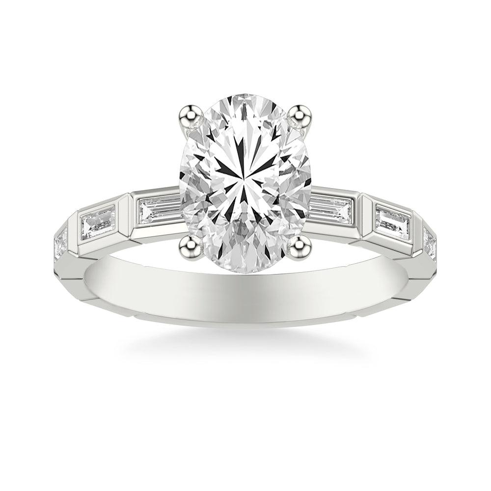 Contemporary Beveled Engagement Ring with Bezel Set East/West Baguette Diamonds .  Center Stone is not included.