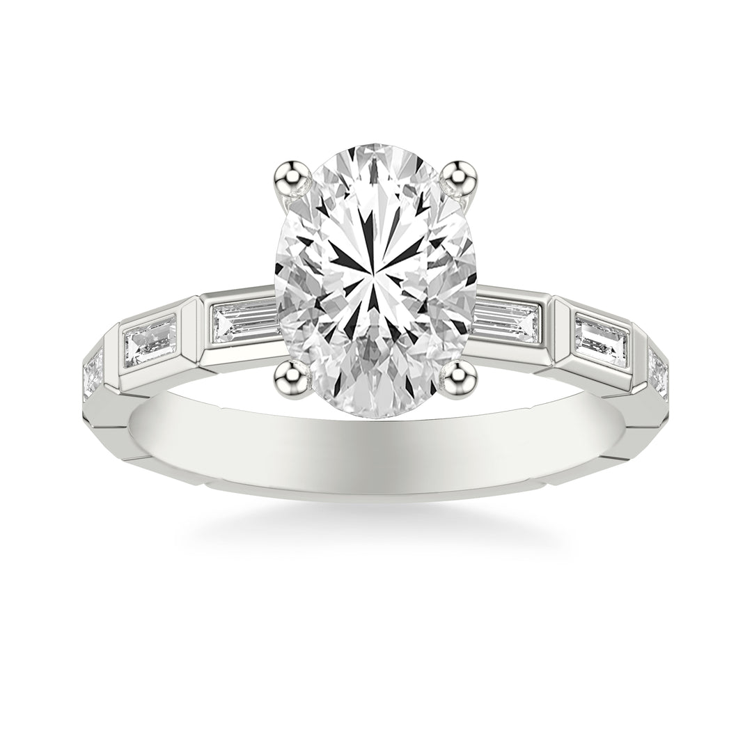 Contemporary Beveled Engagement Ring with Bezel Set East/West Baguette Diamonds .  Center Stone is not included.