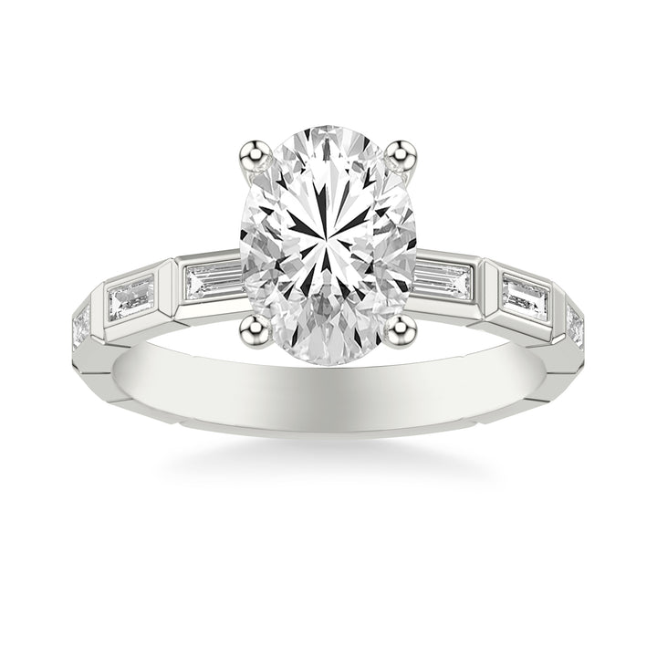 Contemporary Beveled Engagement Ring with Bezel Set East/West Baguette Diamonds .  Center Stone is not included.