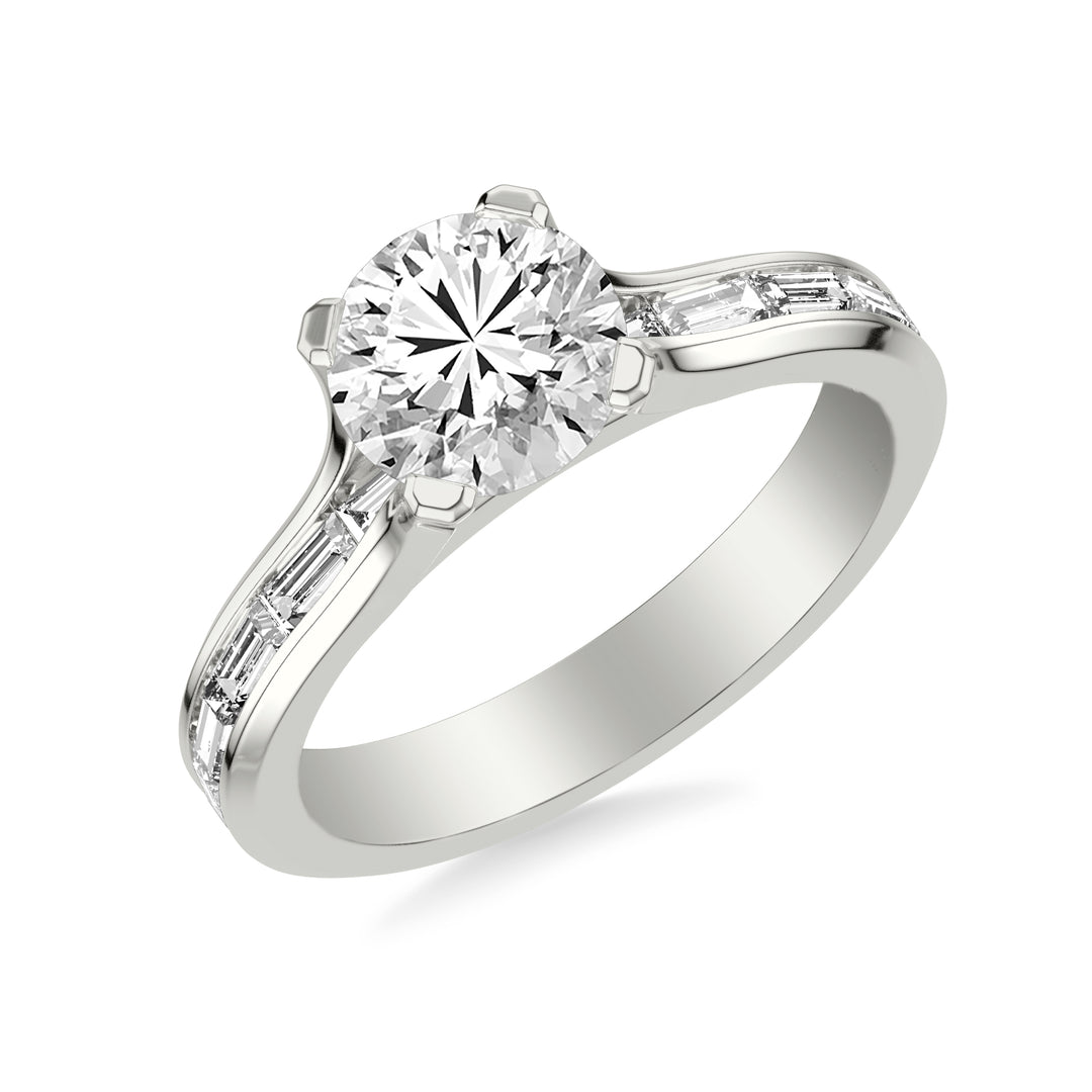 Contemporary Beveled Engagement Ring with Continuous Channel Set East/West Baguette Diamond Shank.  Center Stone is not included.