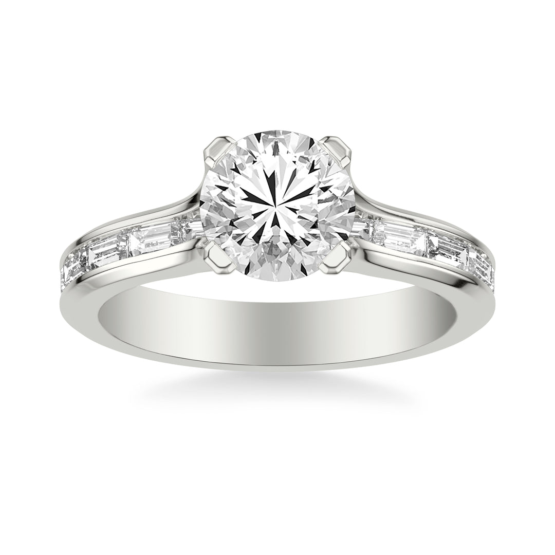 Contemporary Beveled Engagement Ring with Continuous Channel Set East/West Baguette Diamond Shank.  Center Stone is not included.