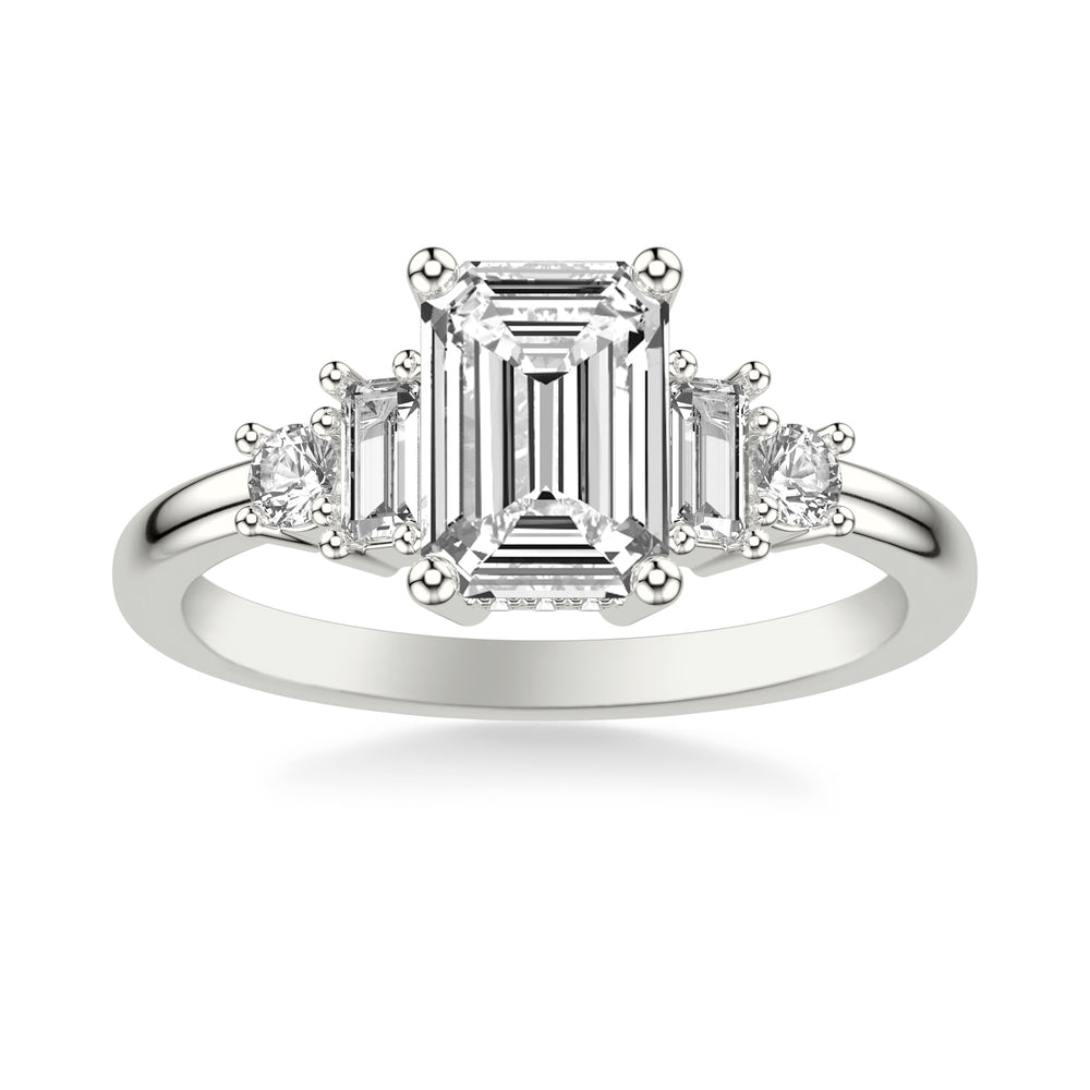Contemporary Engagement Ring with Baguette and Round Diamonds and Polished Shank.  Center Stone is not included.