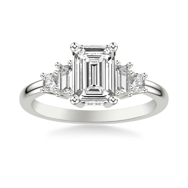 Contemporary Engagement Ring with Baguette and Round Diamonds and Polished Shank.  Center Stone is not included.