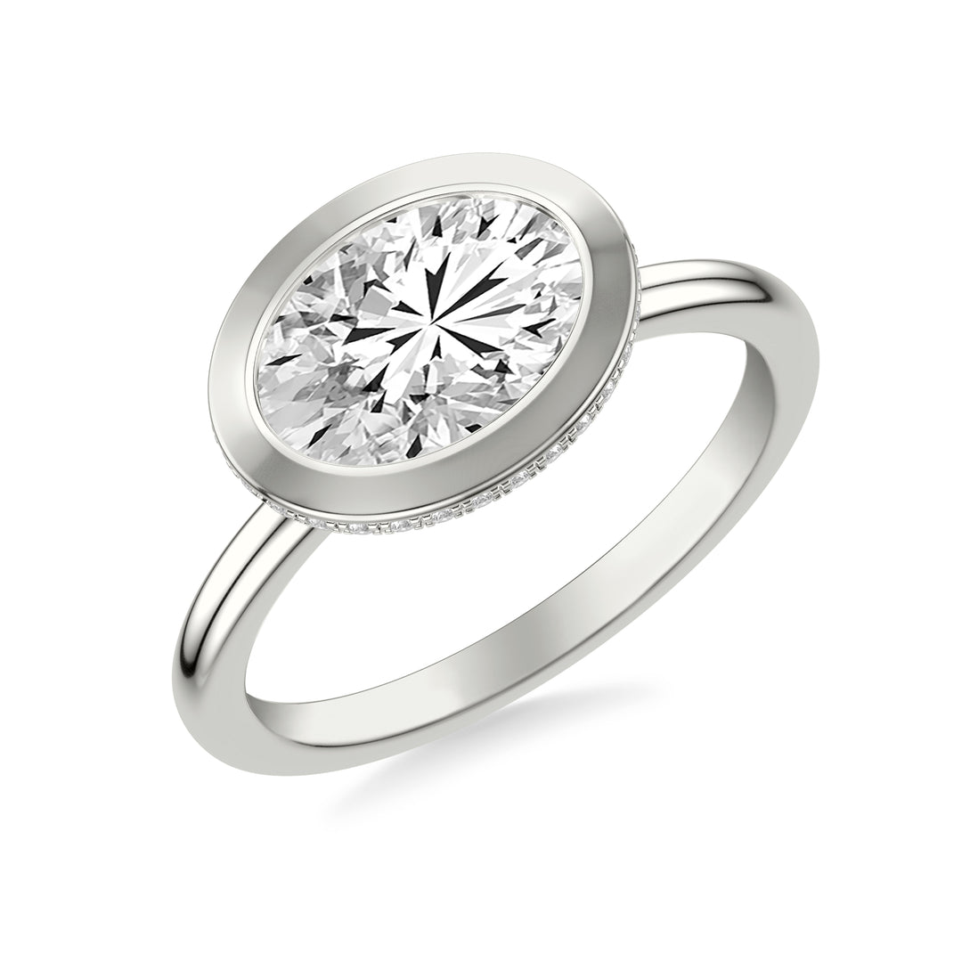 Contemporary East-West Bezel Set Engagement Ring with Hidden Halo and Polished Shank.  Center Stone is not included.