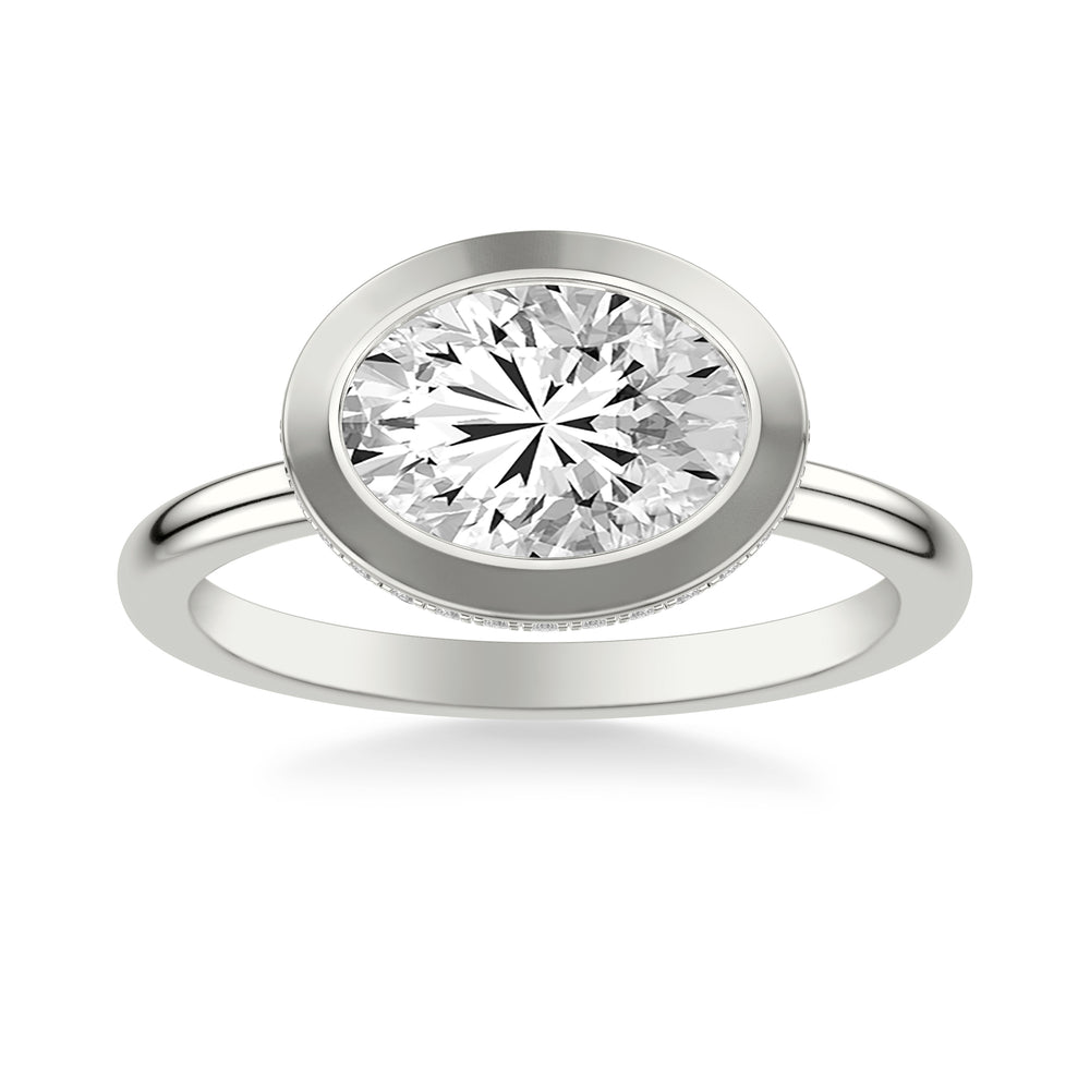 Contemporary East-West Bezel Set Engagement Ring with Hidden Halo and Polished Shank.  Center Stone is not included.