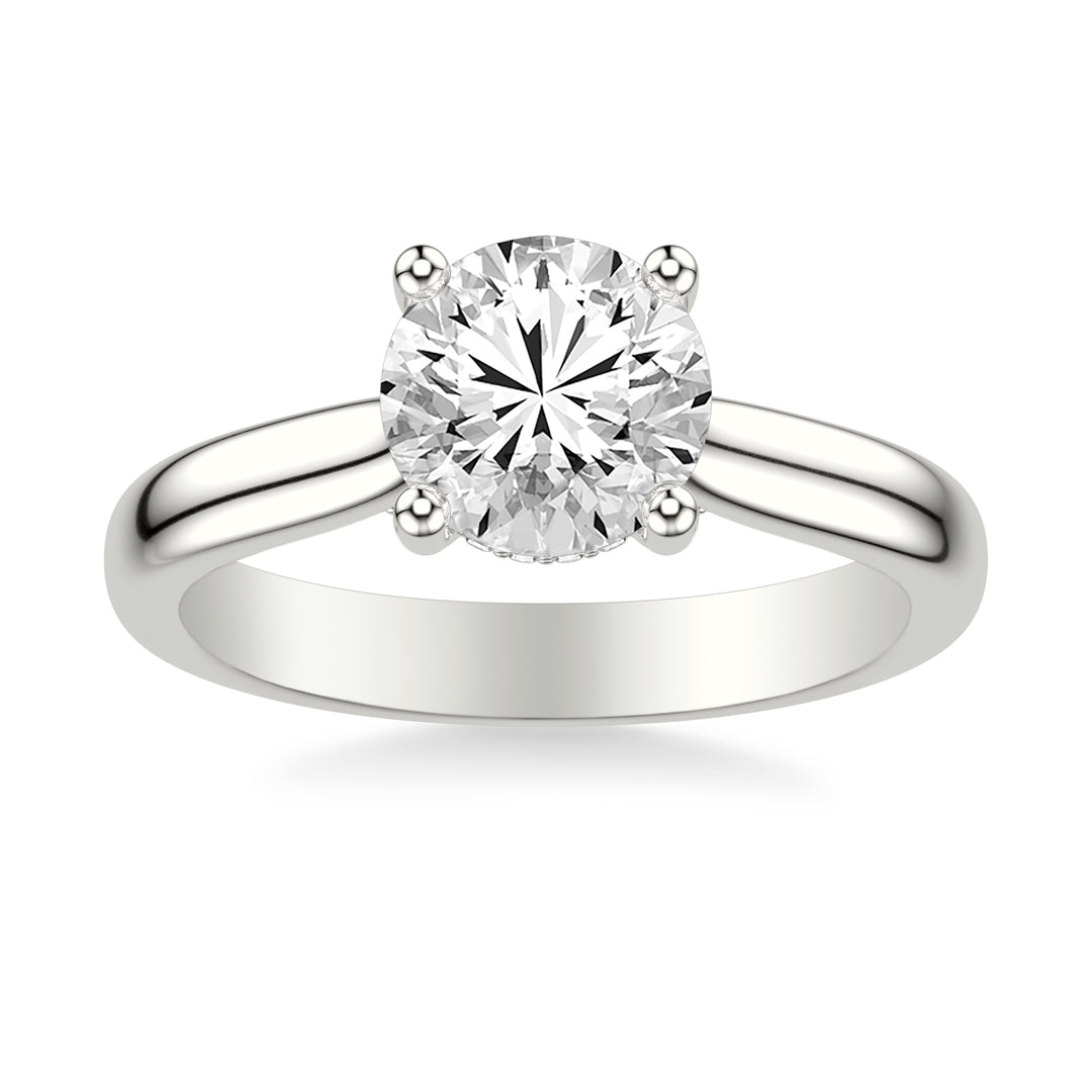 Classic Solitaire Engagement Ring with Hidden Halo and Diamond Bridge with 3MM Wide Polished Shank.  Center Stone is not included.