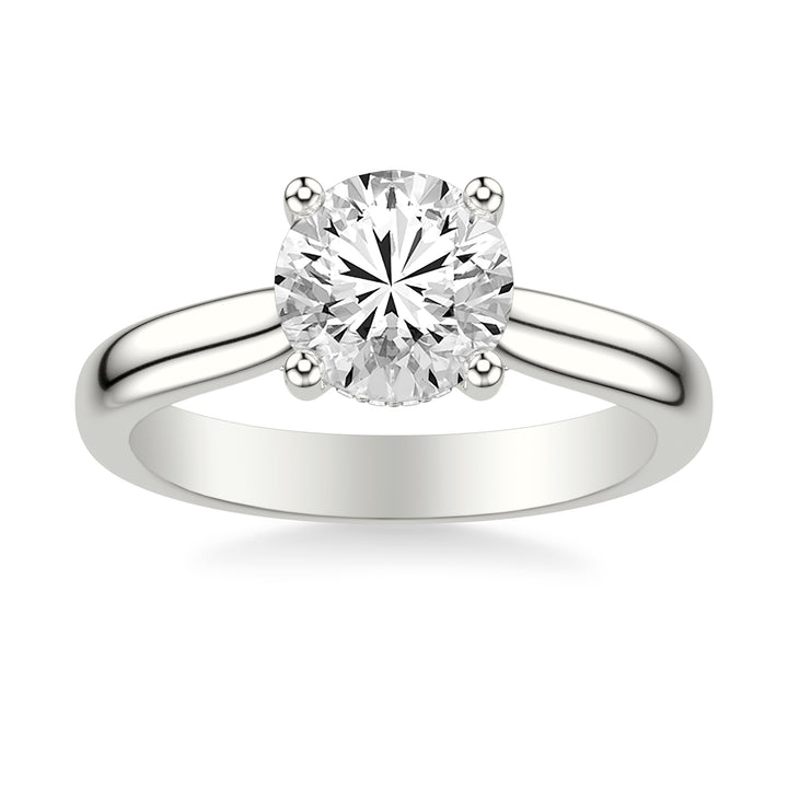 Classic Solitaire Engagement Ring with Hidden Halo and Diamond Bridge with 3MM Wide Polished Shank.  Center Stone is not included.