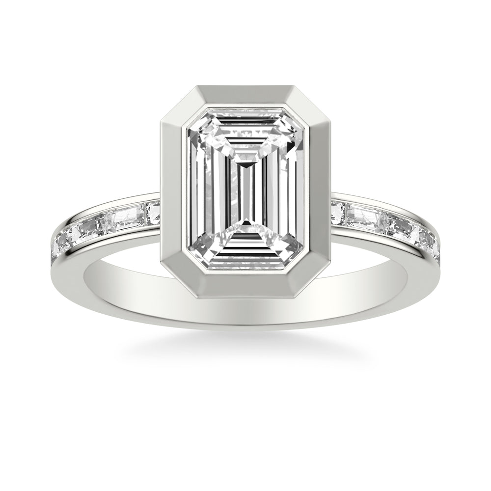 Contemporary Bezel Set Engagement Ring with Channel Set Baguette Diamond Shank.  Center Stone is not included.