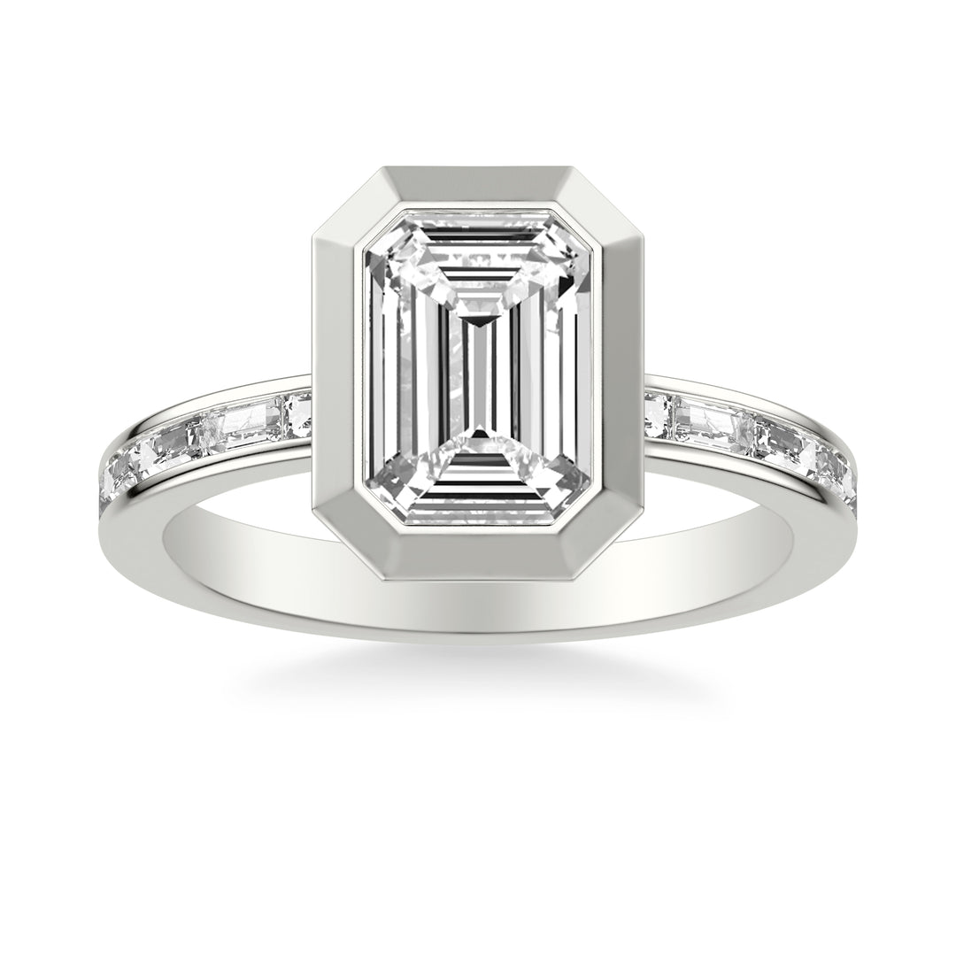 Contemporary Bezel Set Engagement Ring with Channel Set Baguette Diamond Shank.  Center Stone is not included.