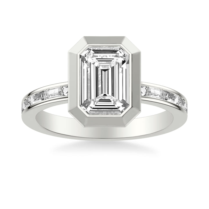 Contemporary Bezel Set Engagement Ring with Channel Set Baguette Diamond Shank.  Center Stone is not included.