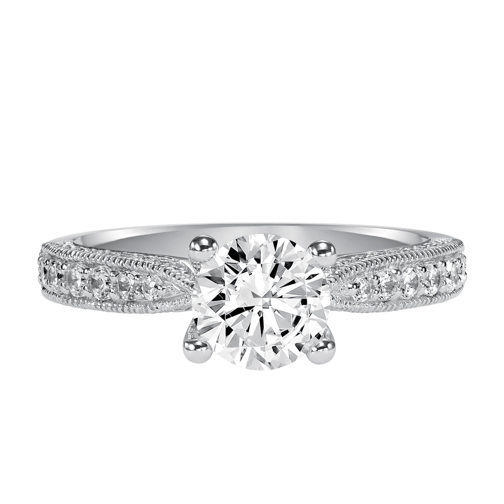 Milgrain detailing accents the diamond prong set band of this magnificent engagement ring.  Center Stone is not included.