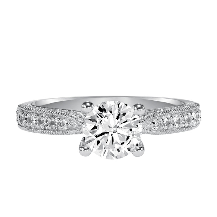 Milgrain detailing accents the diamond prong set band of this magnificent engagement ring.  Center Stone is not included.