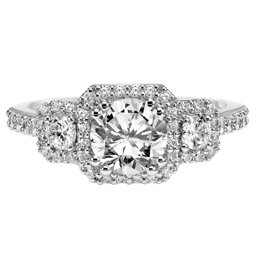 3-stone diamond engagement ring features prong set diamond halos surrounding each diamond whilst paired with a matching diamond band .  Center Stone is not included.