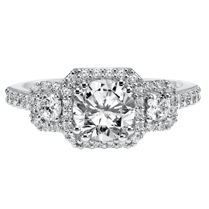 3-stone diamond engagement ring features prong set diamond halos surrounding each diamond whilst paired with a matching diamond band .  Center Stone is not included.