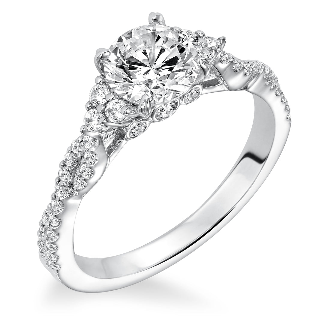 Diamond prong set with diamond cluster and twisted shank engagement ring.  Center Stone is not included.
