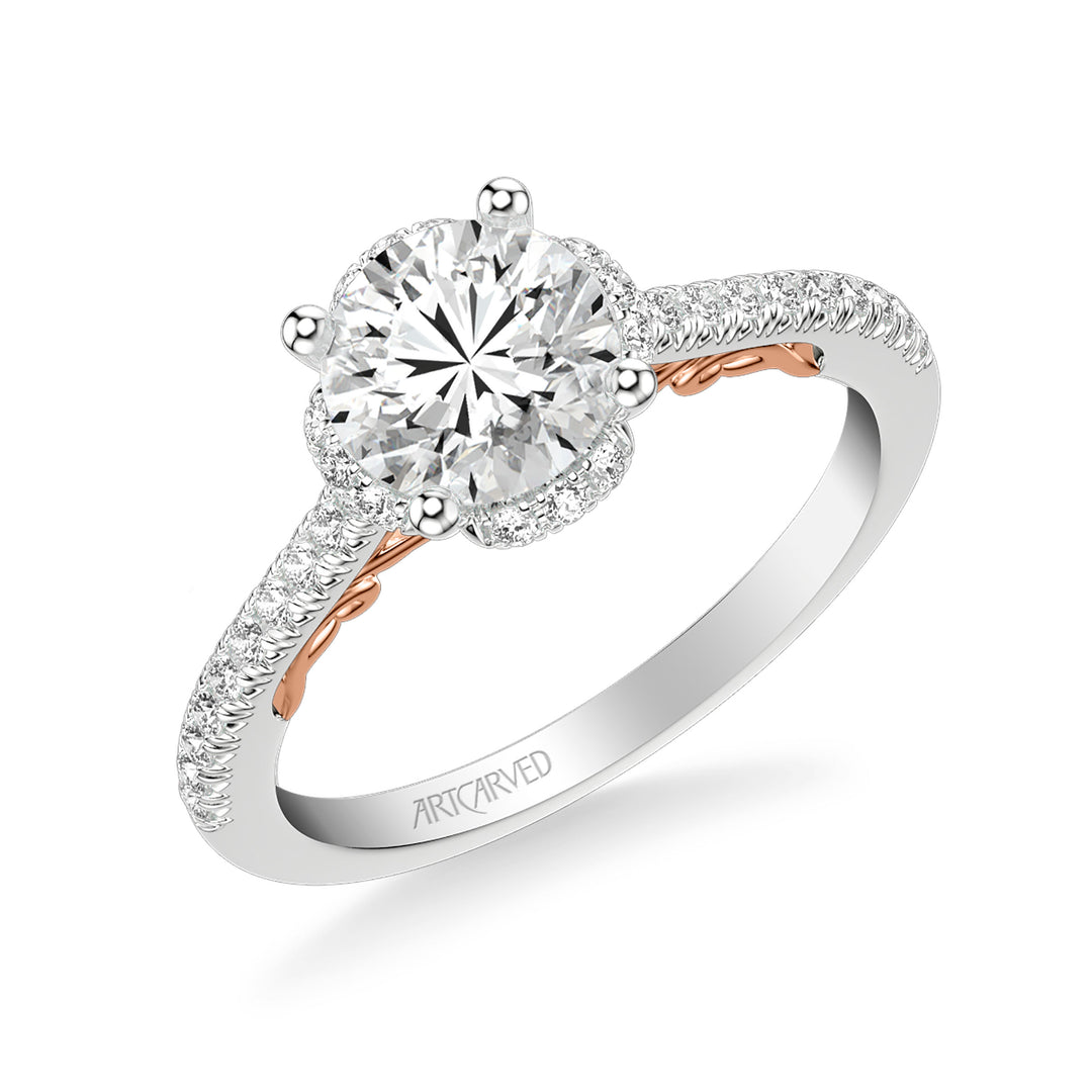Lyric Engagement Ring with Round Diamond Halo and Carved Gallery details with  Diamond Shank.  Center Stone is not included.