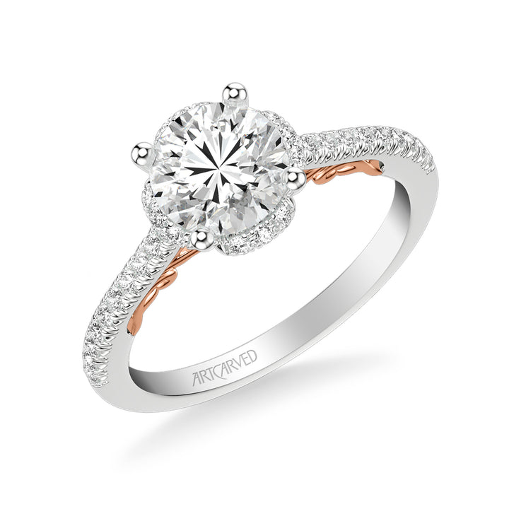 Lyric Engagement Ring with Round Diamond Halo and Carved Gallery details with  Diamond Shank.  Center Stone is not included.