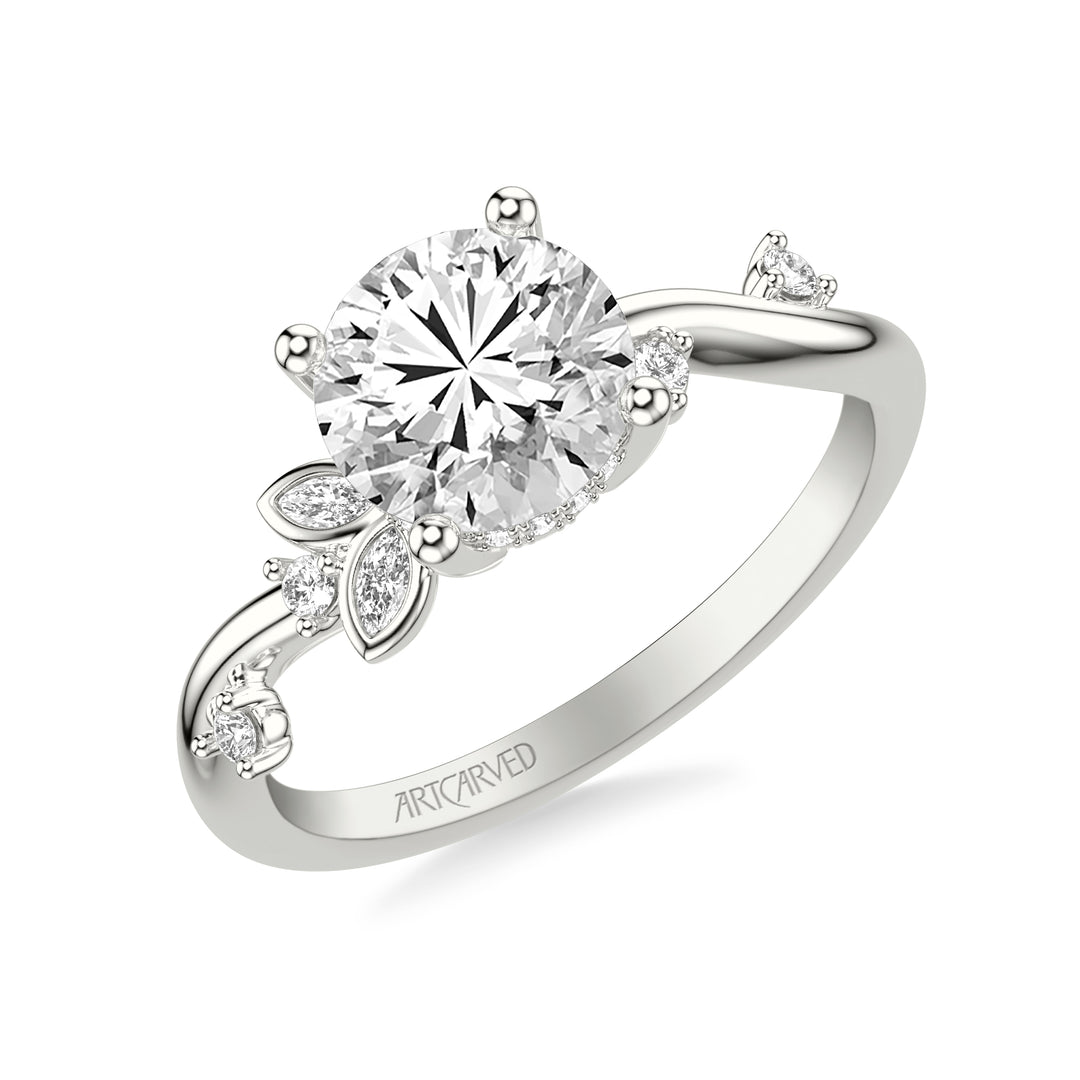 31-V1034DVW-E.01 - ARTCARVED - Floral Engagement Ring with Asymmetrical Marquise Diamond Petals and Round Floating Diamond Accent Shank